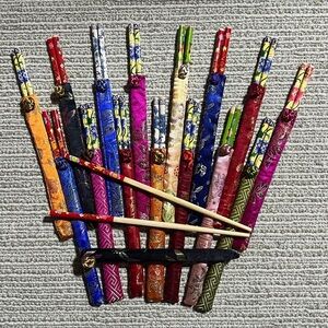 Vintage Bohemian Bamboo Chopsticks RANDOM SET OF 3 Ornate Cloth Sheath Eclectic